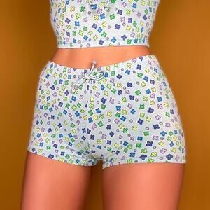90s Pastel Blue Swim Short Ditsy Floral Full Coverage Bikini Bottom